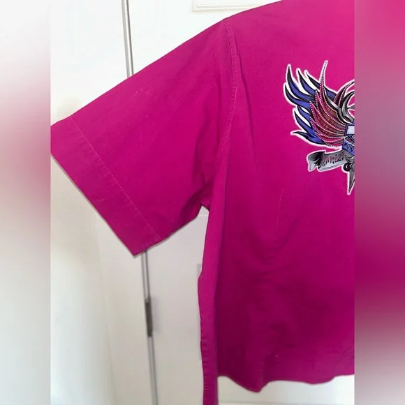 Women’s Harley Davidson Short Sleeve Fuscia Button Up Shirt Size 2W - Picture 6 of 10